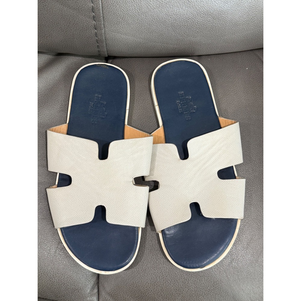 Hermes Izmir Mens Sandals White Navy Blue Epsom Leather H Cutout Slides